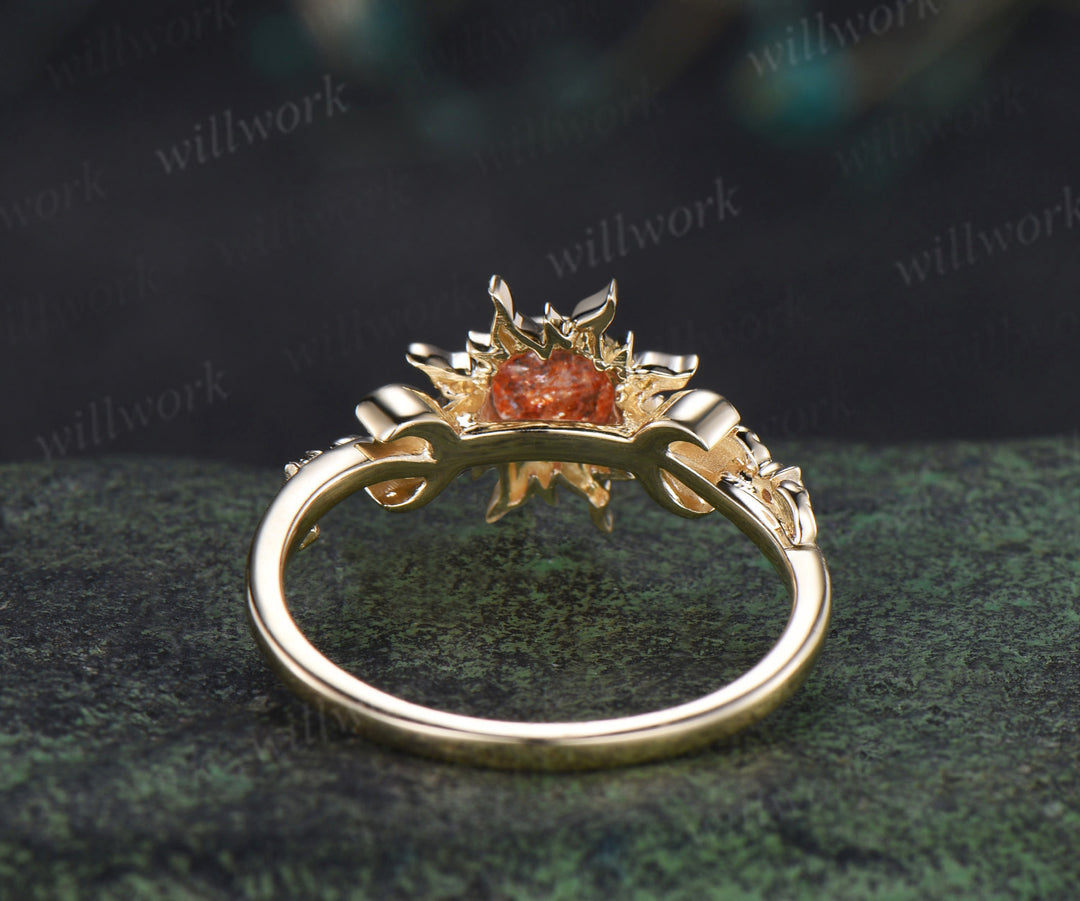 Vintage round cut sunstone engagement ring sun bezel promise ring 14k yellow gold moon star amethyst unique leaf bridal ring gifts for her