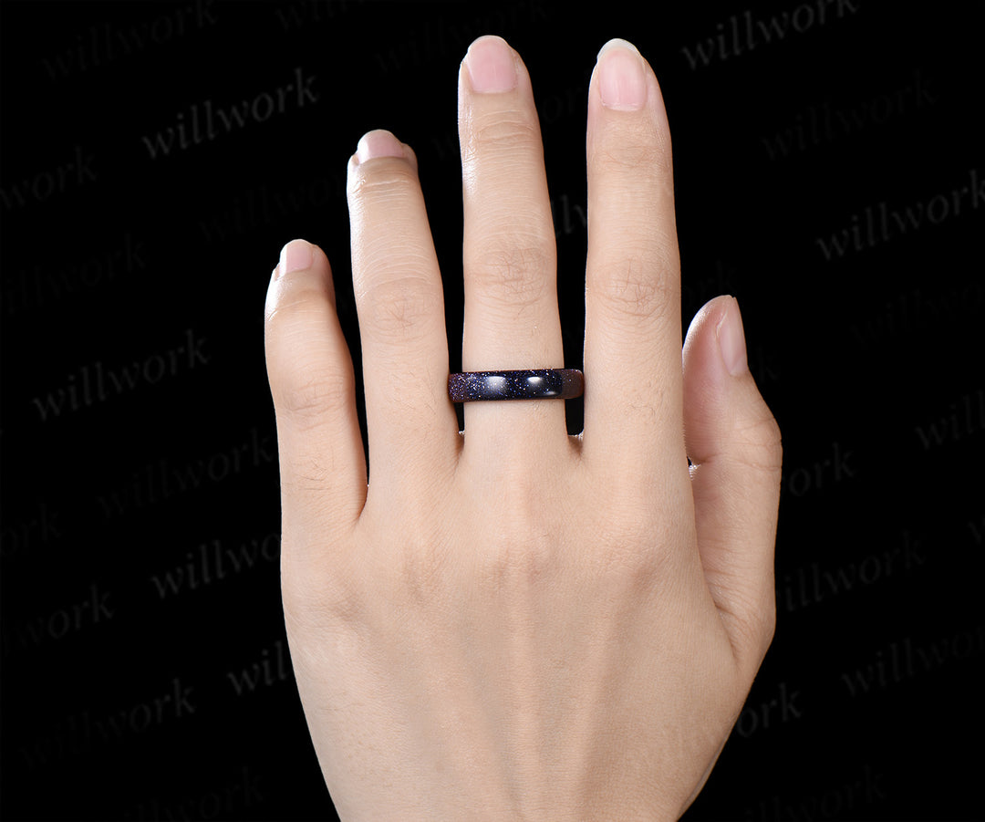 Round Cut Blue Sandstone Moon Twig Leaf Star Amethyst Ring & 5mm Men’s Blue Sandstone Band Unique Couple Ring Set