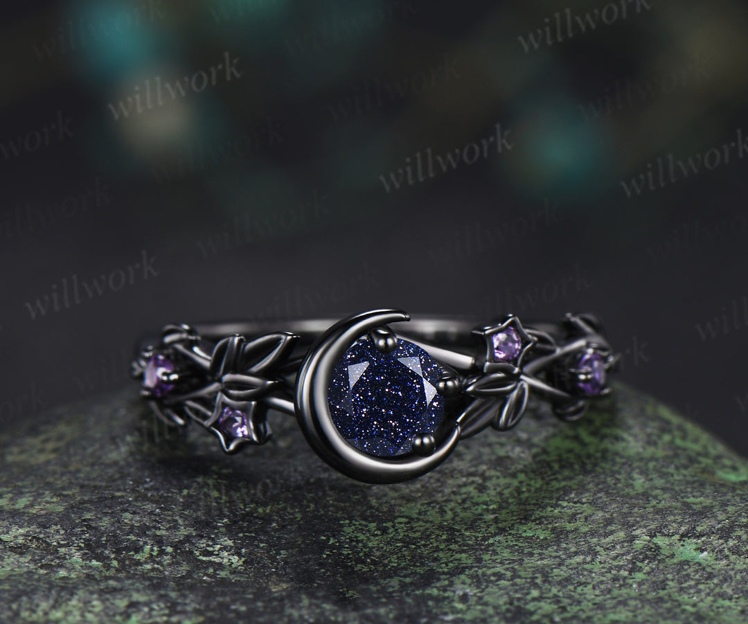 Round Cut Blue Sandstone Moon Twig Leaf Star Amethyst Ring & 5mm Men’s Blue Sandstone Band Unique Couple Ring Set