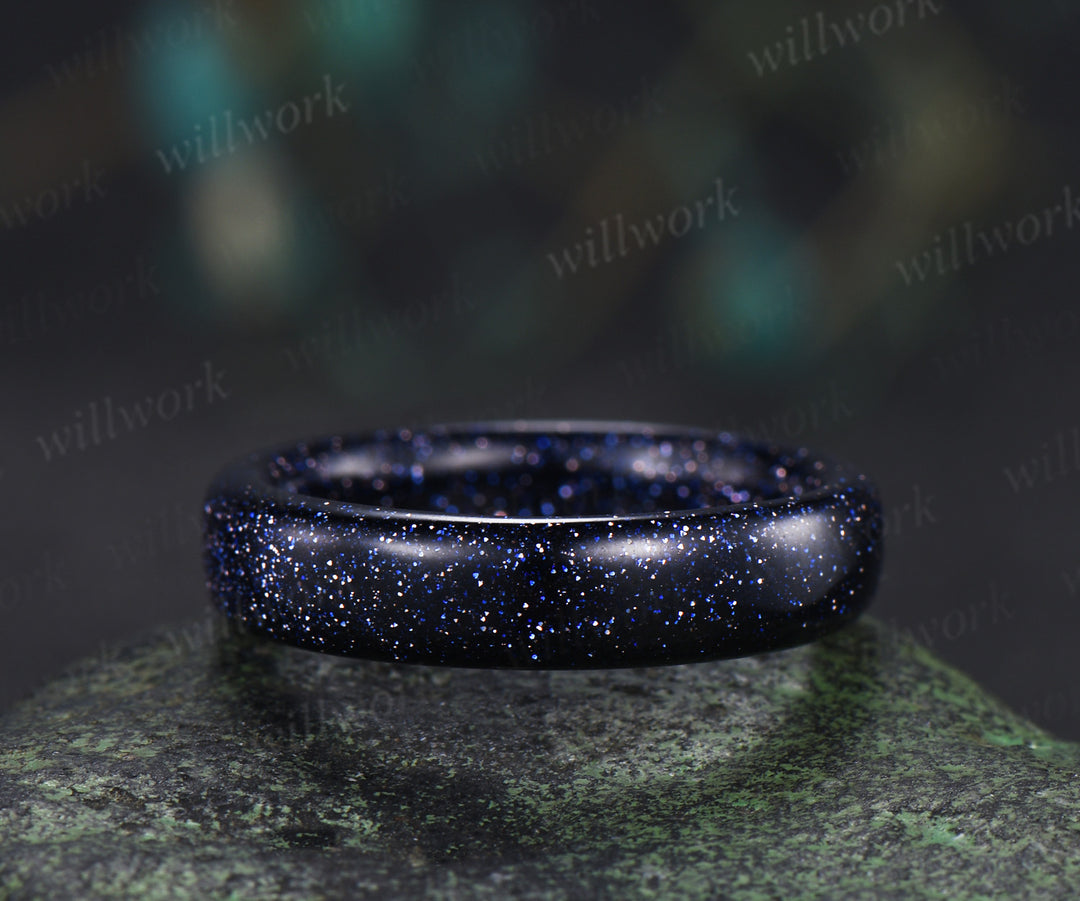 Round Cut Blue Sandstone Moon Twig Leaf Star Amethyst Ring & 5mm Men’s Blue Sandstone Band Unique Couple Ring Set