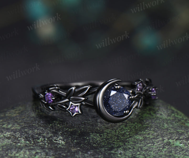 Round Cut Blue Sandstone Moon Twig Leaf Star Amethyst Ring & 5mm Men’s Blue Sandstone Band Unique Couple Ring Set