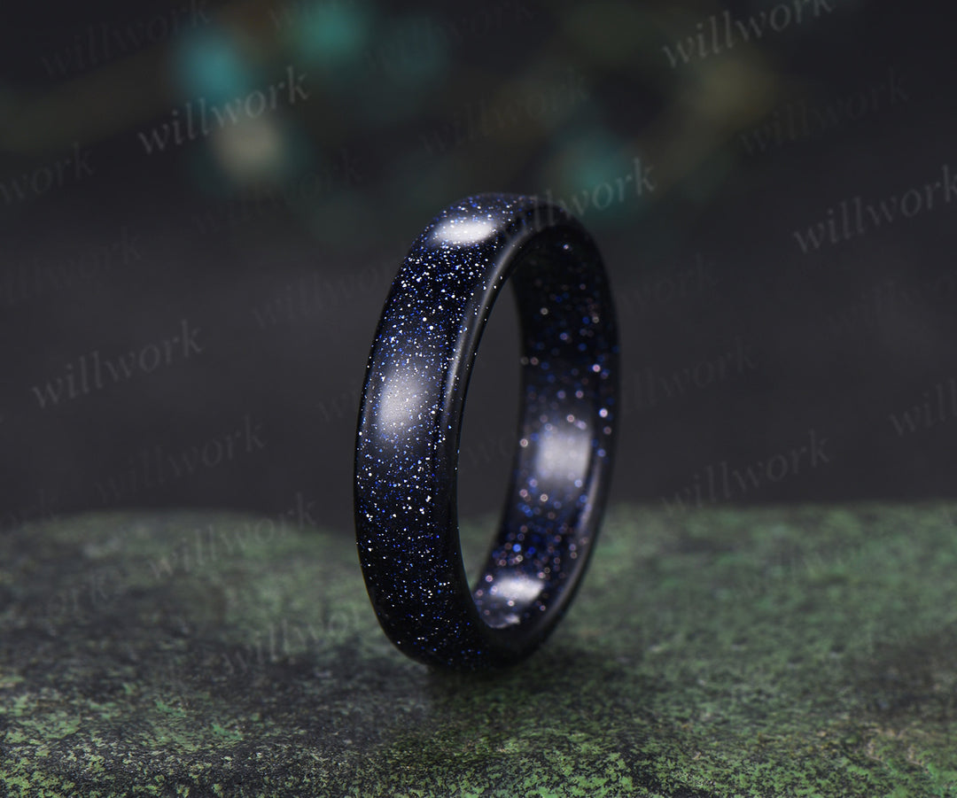 Round Cut Blue Sandstone Moon Twig Leaf Star Amethyst Ring & 5mm Men’s Blue Sandstone Band Unique Couple Ring Set