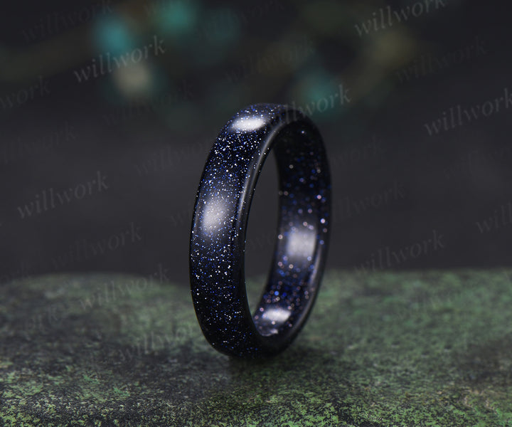 Round Cut Blue Sandstone Moon Twig Leaf Star Amethyst Ring & 5mm Men’s Blue Sandstone Band Unique Couple Ring Set