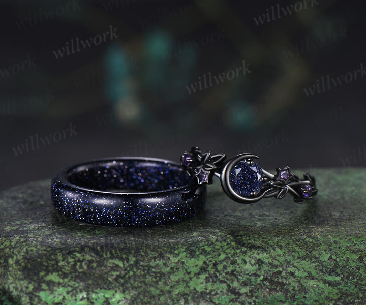 Round Cut Blue Sandstone Moon Twig Leaf Star Amethyst Ring & 5mm Men’s Blue Sandstone Band Unique Couple Ring Set