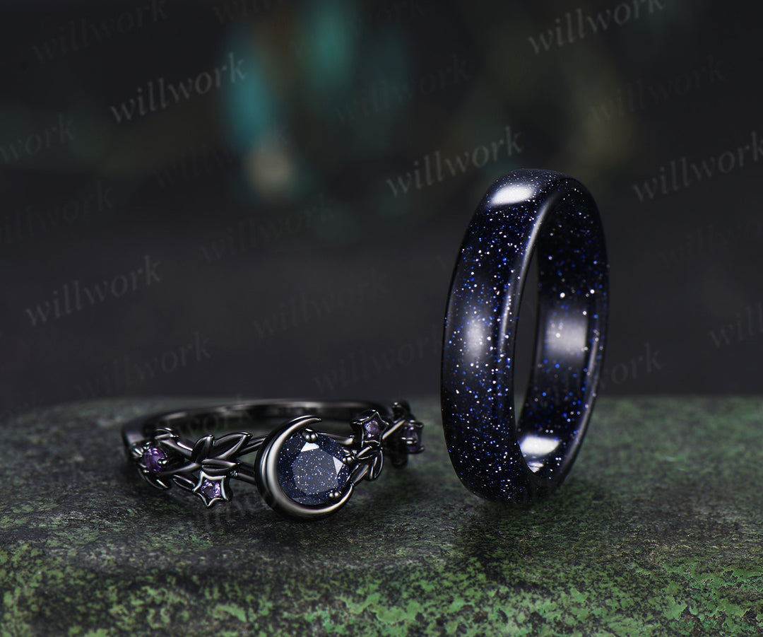 Round Cut Blue Sandstone Moon Twig Leaf Star Amethyst Ring & 5mm Men’s Blue Sandstone Band Unique Couple Ring Set