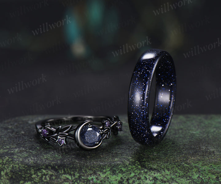 Round Cut Blue Sandstone Moon Twig Leaf Star Amethyst Ring & 5mm Men’s Blue Sandstone Band Unique Couple Ring Set