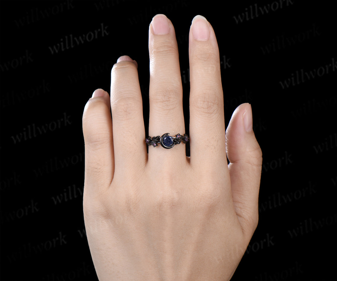 Round Cut Blue Sandstone Moon Twig Leaf Star Amethyst Ring & 5mm Men’s Blue Sandstone Band Unique Couple Ring Set