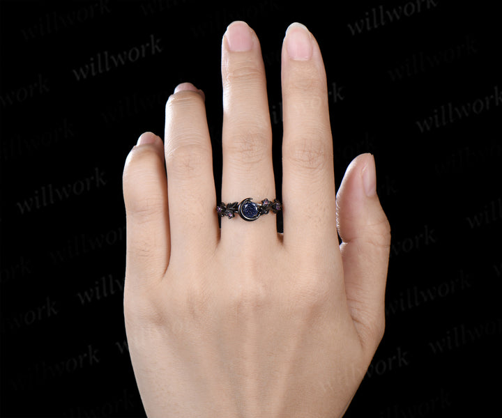 Round Cut Blue Sandstone Moon Twig Leaf Star Amethyst Ring & 5mm Men’s Blue Sandstone Band Unique Couple Ring Set