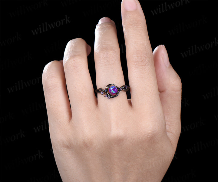 Round purple opal engagement ring moon star twig amethyst ring unique black gold nature inspired promise ring jewelry gifts