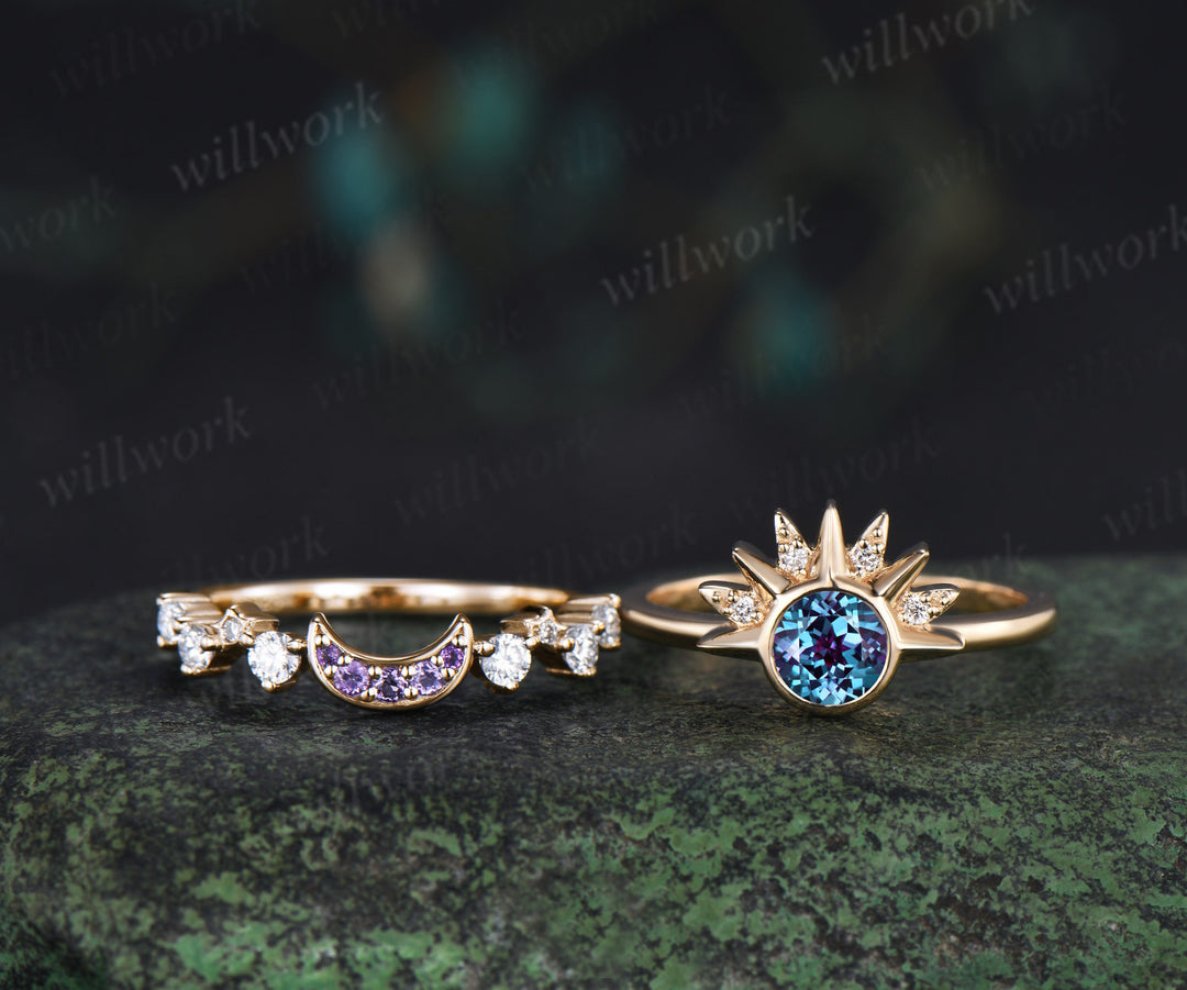Round alexandrite sun moissanite engagement ring set amethyst moon celestial star wedding ring set for women