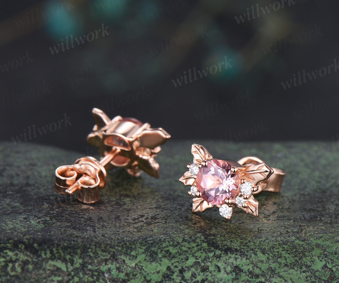Round padparadscha stud earrings holly leaves cluster moissanites accent earrings gifts for her