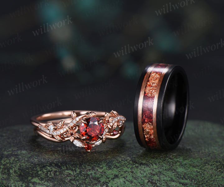Dainty 5mm Round Garnet Leaf Floral Ring Set & Tungsten Garnets Gold Flakes Men Band Unique Couple Ring Set