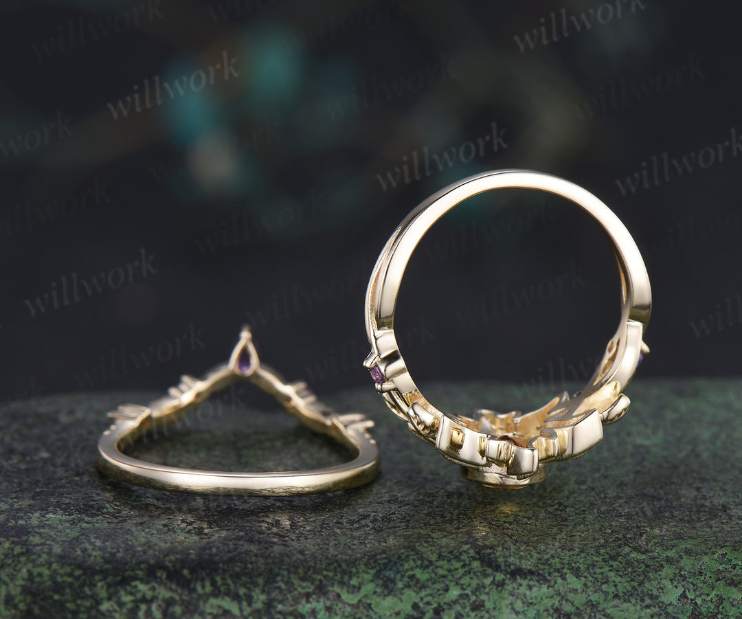 Rapunzel ring sun citrine engagement ring set bezel setting twig vines amethyst ring leaf wedding band unique bridal set