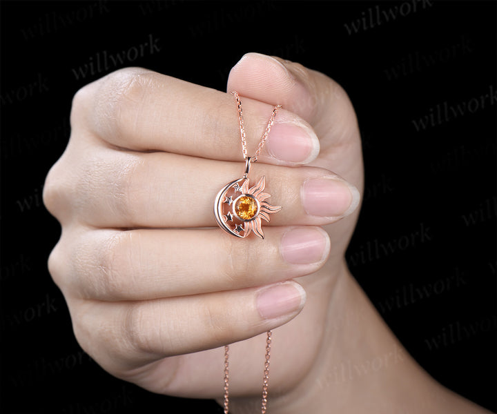 Round citrine sun moon star pendant necklace celestial sun charm with moon stars jewelry gifts