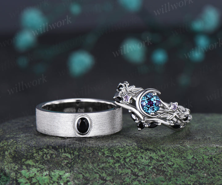 Round Alexandrite Moon Leaf Black Spinel Ring Set & Solitaire Black Onyx Brushed Finish Men Wedding Ring Couple Ring Set