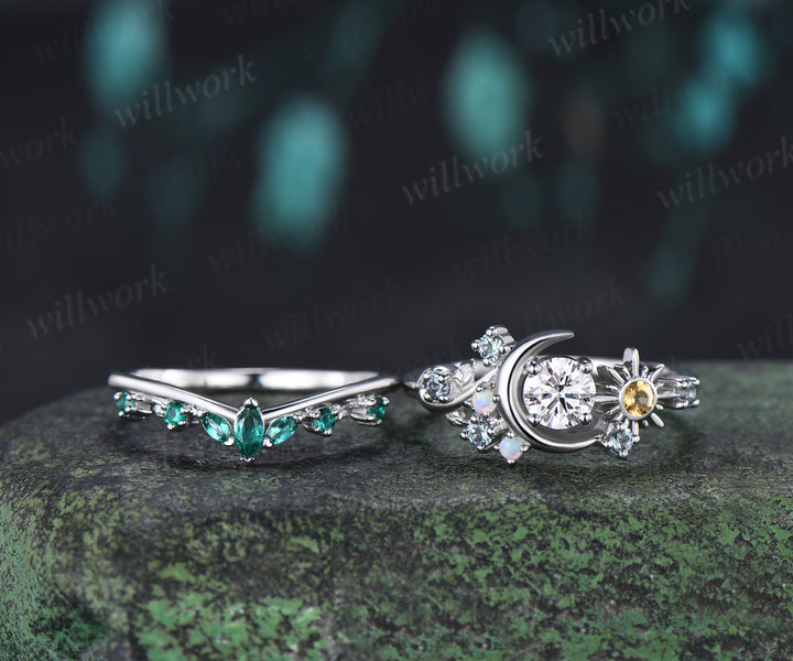 Round Lab Grown Diamond Moon Sun Engagement Ring Set Citrine Sun Ring Emerald Wedding Band Celestial Bridal Set