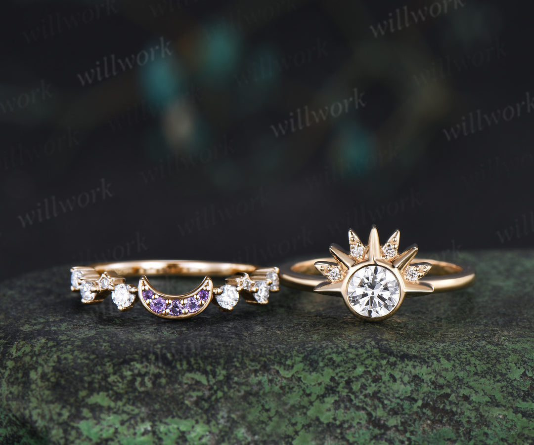 Round Lab Grown Diamond Sun Amethyst Moon Ring Set Celestial Cluster Diamond Star Wedding Band Bridal Set