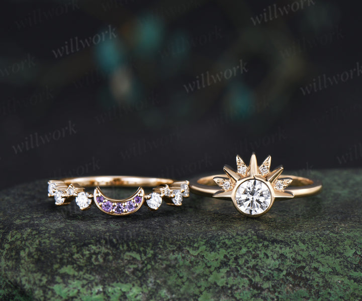 Round Lab Grown Diamond Sun Amethyst Moon Ring Set Celestial Cluster Diamond Star Wedding Band Bridal Set