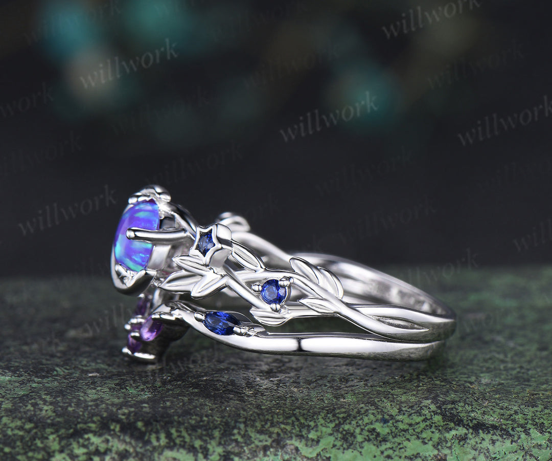 Unique round purple opal ring set blue sapphire moon star ring curved amethyst wedding band bridal set jewelry gifts for her