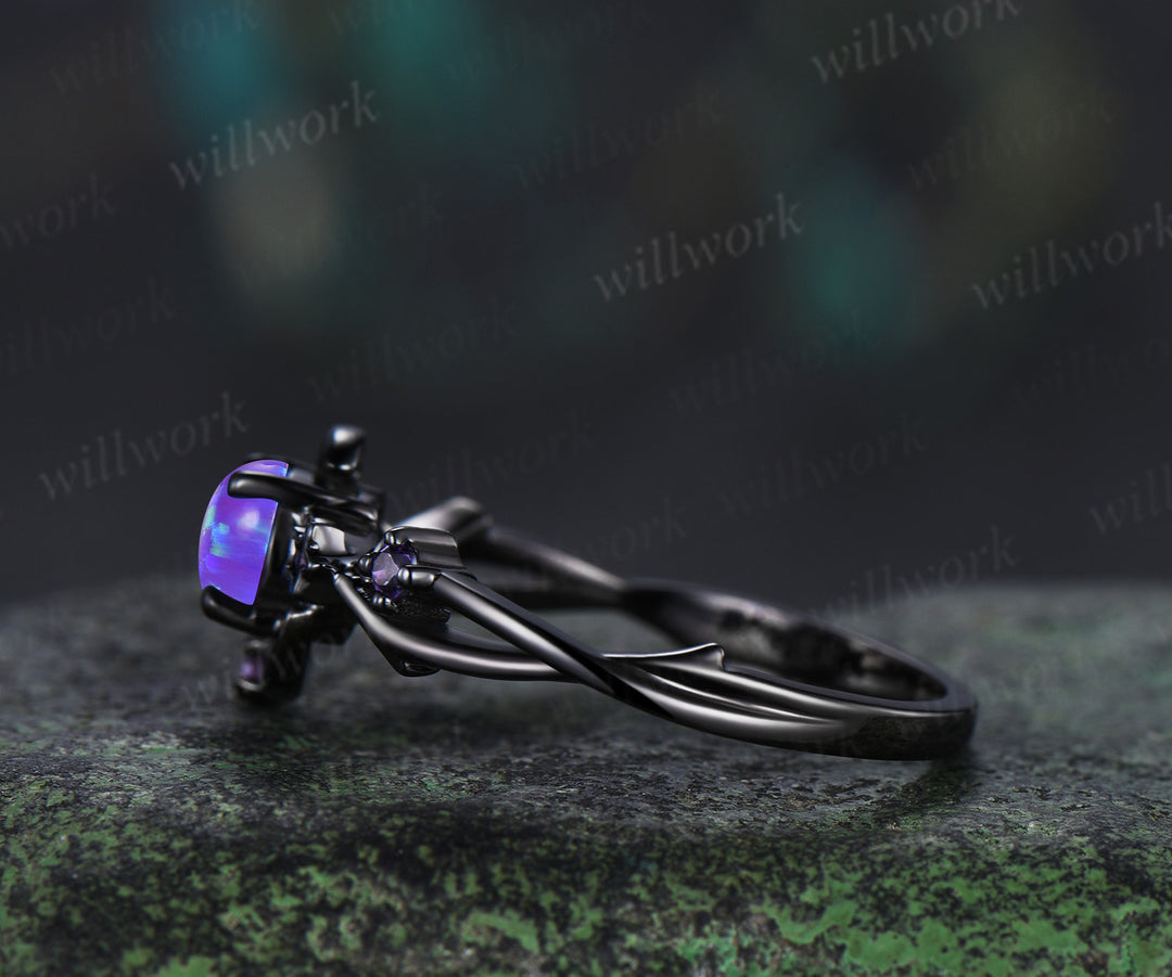 Round purple opal engagement ring moon star twig amethyst ring unique black gold nature inspired promise ring jewelry gifts