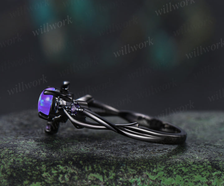 Round purple opal engagement ring moon star twig amethyst ring unique black gold nature inspired promise ring jewelry gifts