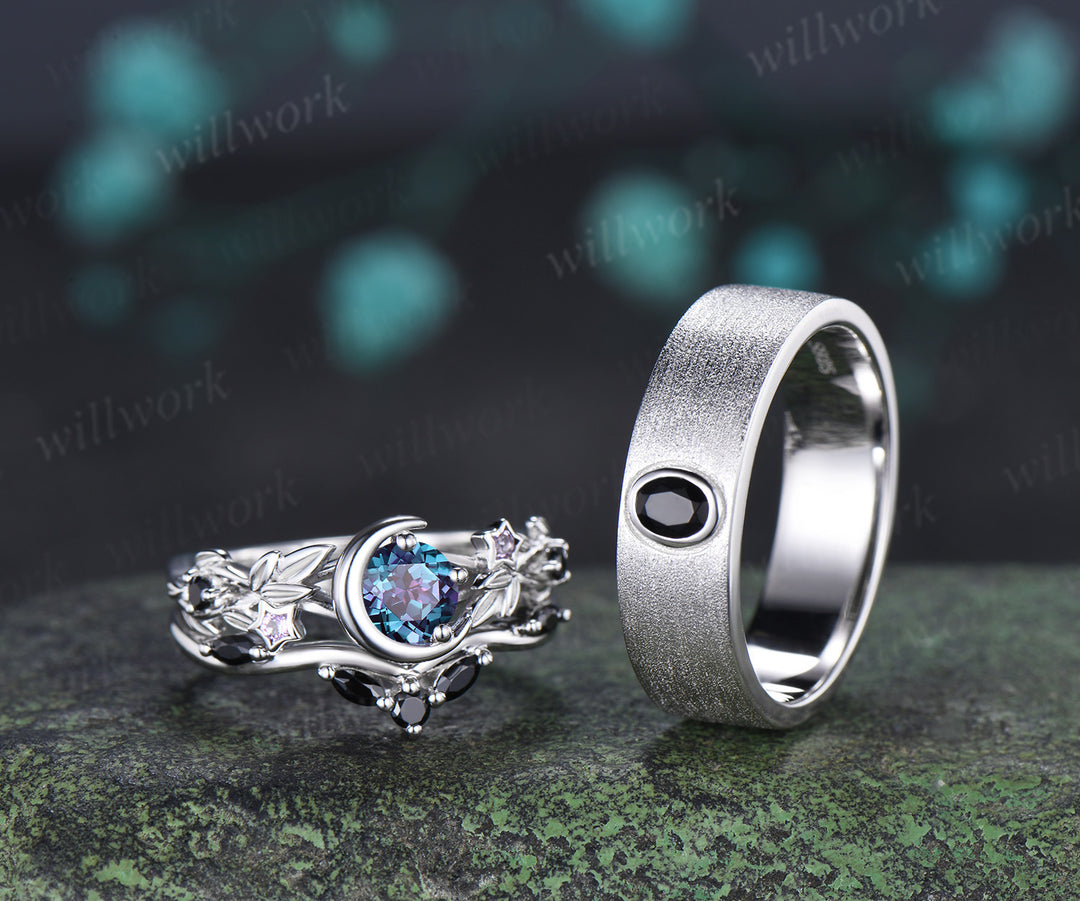 Round Alexandrite Moon Leaf Black Spinel Ring Set & Solitaire Black Onyx Brushed Finish Men Wedding Ring Couple Ring Set