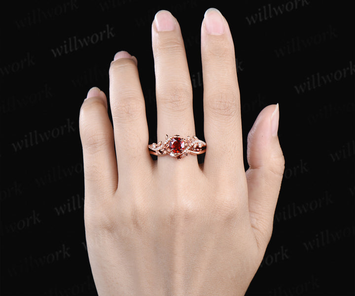 Dainty 5mm Round Garnet Leaf Floral Ring Set & Tungsten Garnets Gold Flakes Men Band Unique Couple Ring Set