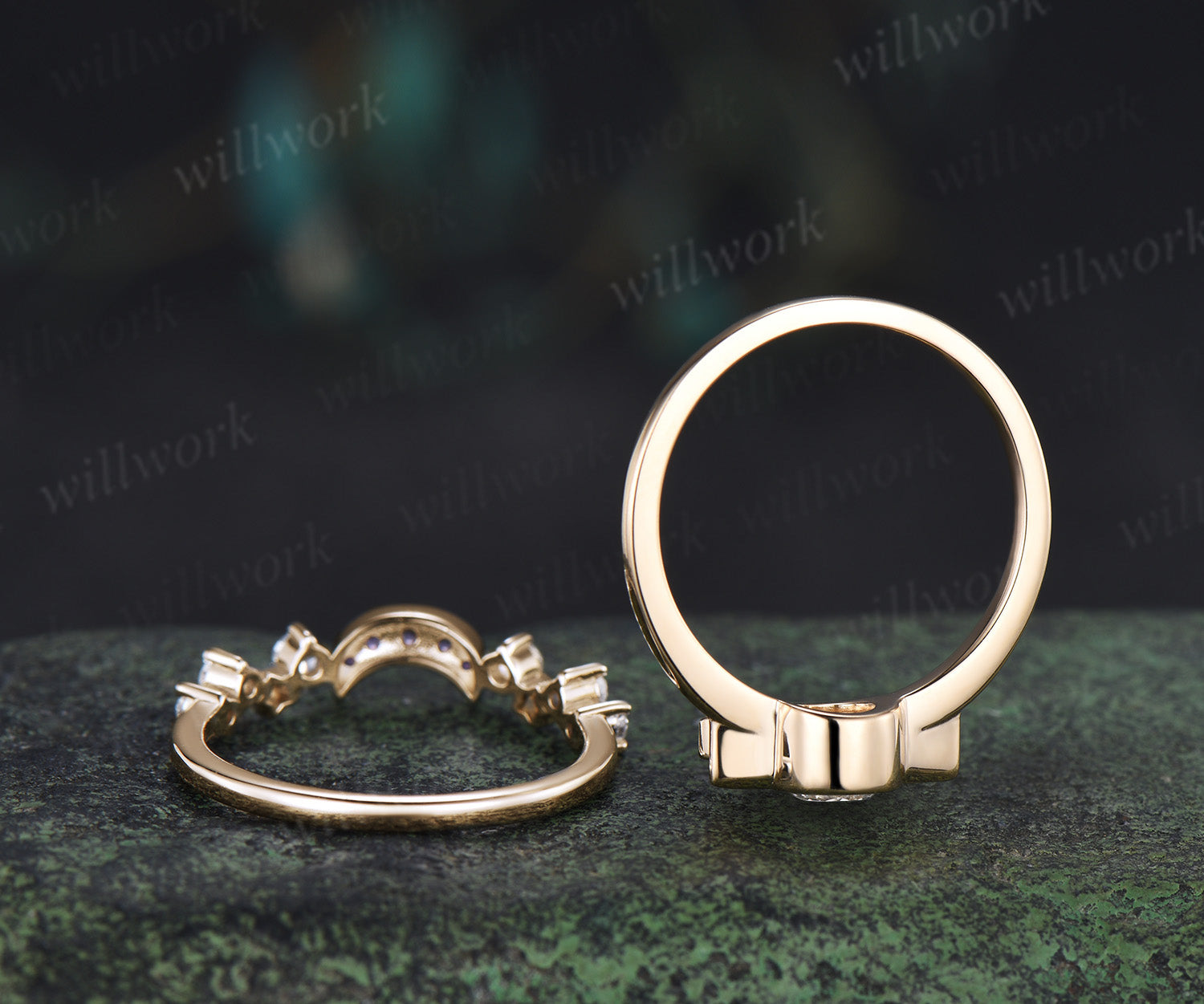Round Lab Grown Diamond Sun Amethyst Moon Ring Set Celestial