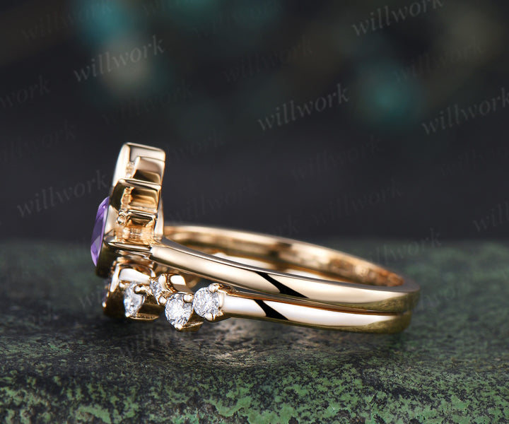 Round amethyst celestial sun moon engagement ring set moissanite cluster wedding band unique bridal set