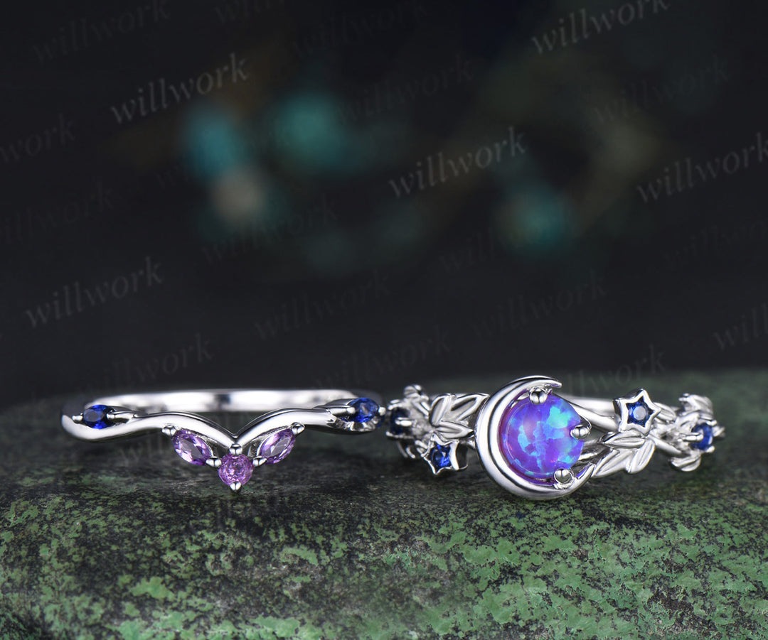 Unique round purple opal ring set blue sapphire moon star ring curved amethyst wedding band bridal set jewelry gifts for her