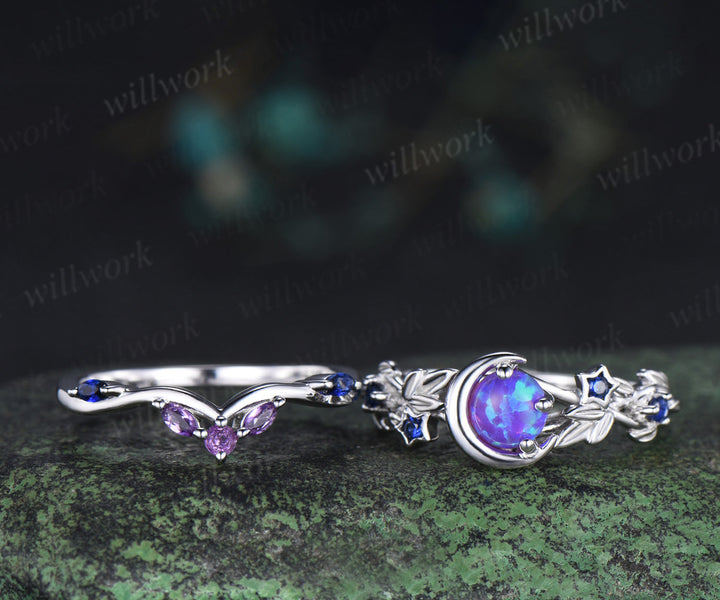 Unique round purple opal ring set blue sapphire moon star ring curved amethyst wedding band bridal set jewelry gifts for her