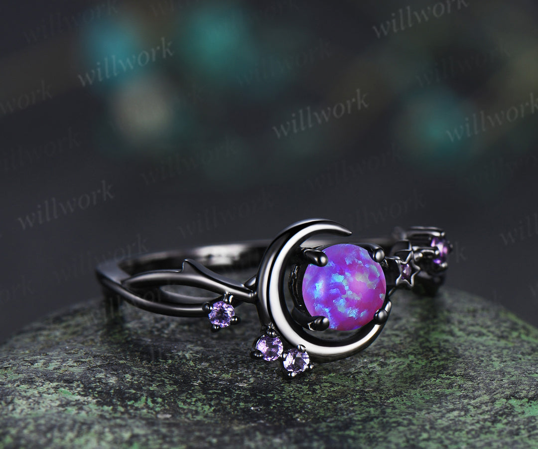 Round purple opal engagement ring moon star twig amethyst ring unique black gold nature inspired promise ring jewelry gifts