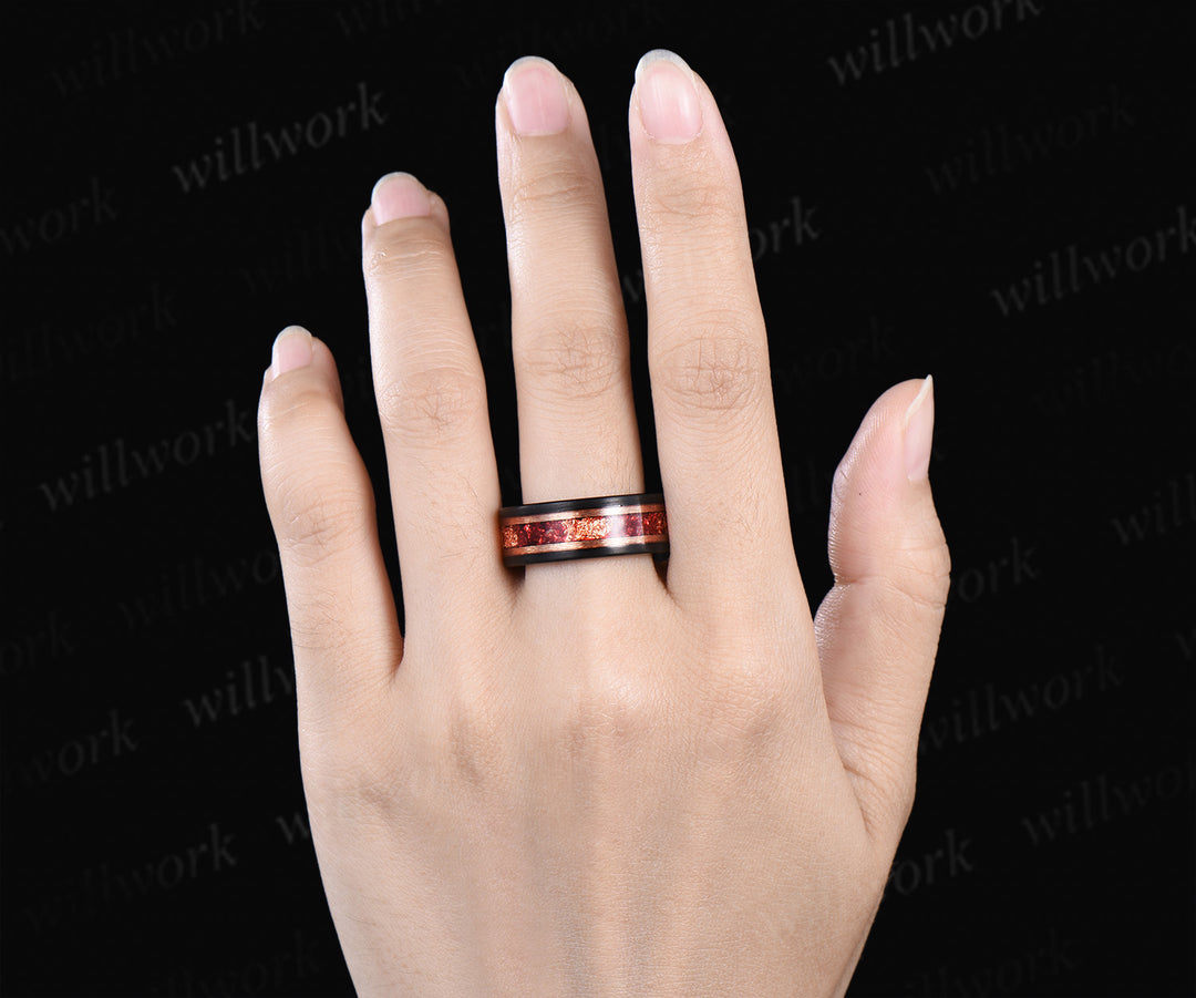 Dainty 5mm Round Garnet Leaf Floral Ring Set & Tungsten Garnets Gold Flakes Men Band Unique Couple Ring Set