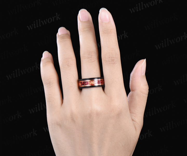 Dainty 5mm Round Garnet Leaf Floral Ring Set & Tungsten Garnets Gold Flakes Men Band Unique Couple Ring Set