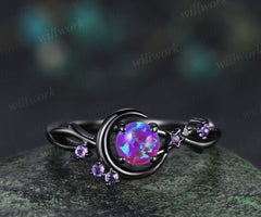 Round purple opal engagement ring moon star twig amethyst ring unique black gold nature inspired promise ring jewelry gifts