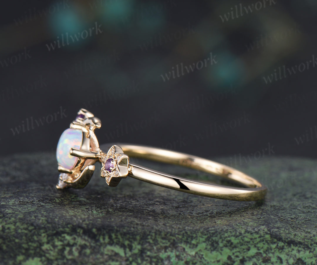 Round cut opal ring floral star moon cluster engagement ring gemstone gift for her