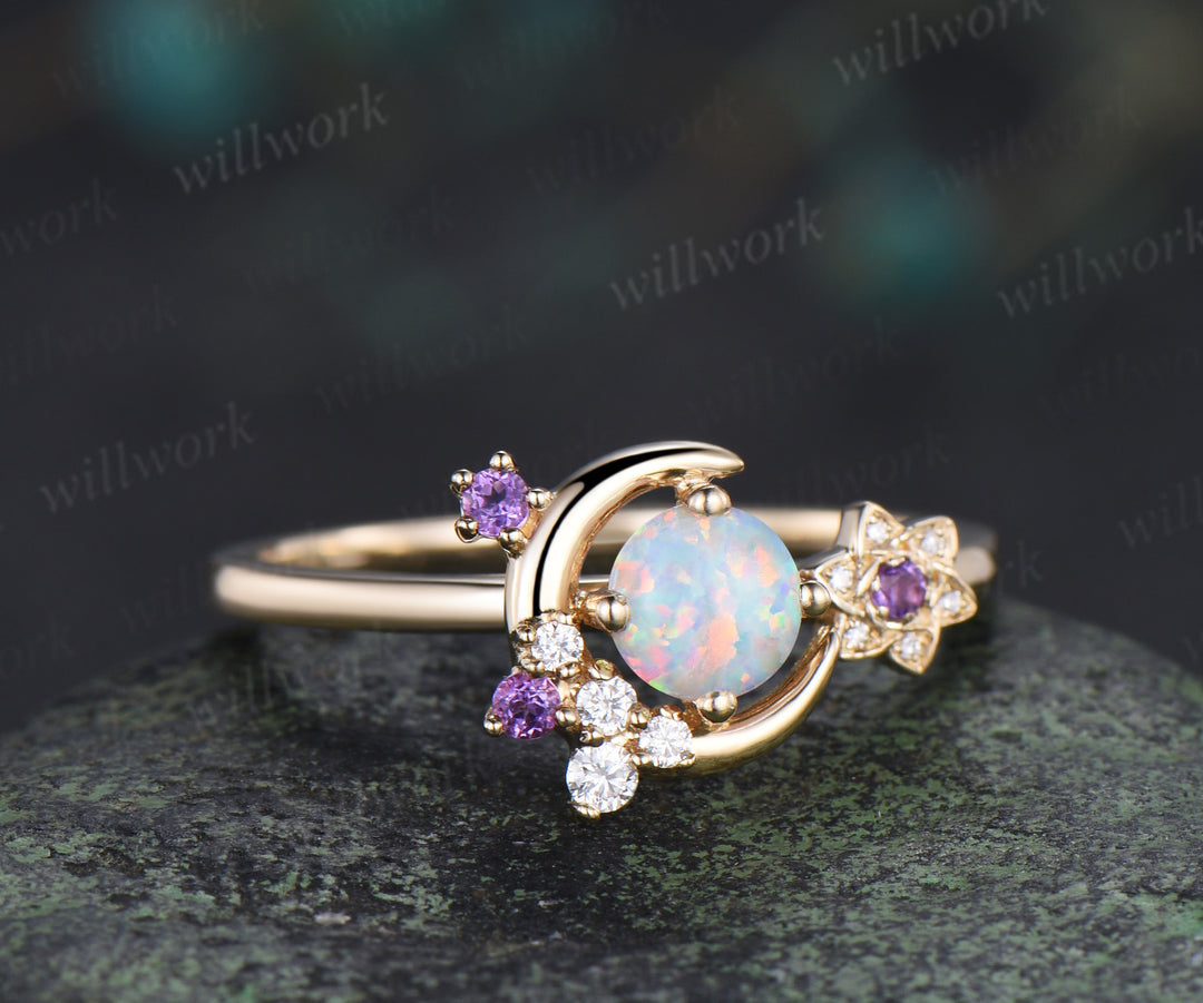 Round cut opal ring floral star moon cluster engagement ring gemstone gift for her