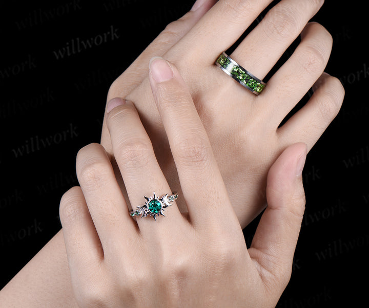 Vintage Round Cut Green Emerald Sun Moon Engagement Ring & Bold Tungsten Crushed Green Stone Men Wedding Band Unique Couple Rings