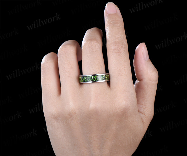 Vintage Round Cut Green Emerald Sun Moon Engagement Ring & Bold Tungsten Crushed Green Stone Men Wedding Band Unique Couple Rings