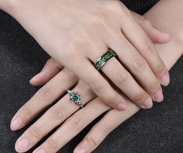 Vintage Round Cut Green Emerald Sun Moon Engagement Ring & Bold Tungsten Crushed Green Stone Men Wedding Band Unique Couple Rings