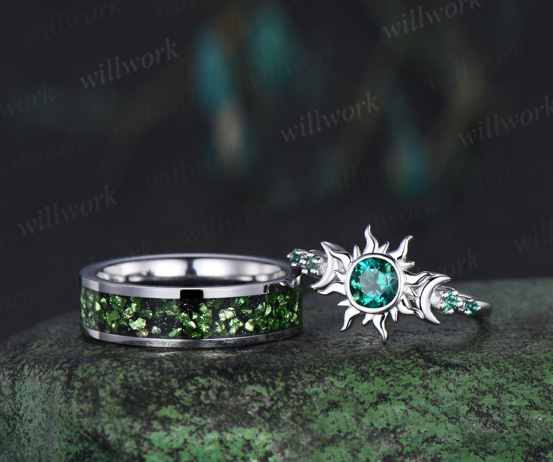 Vintage Round Cut Green Emerald Sun Moon Engagement Ring & Bold Tungsten Crushed Green Stone Men Wedding Band Unique Couple Rings