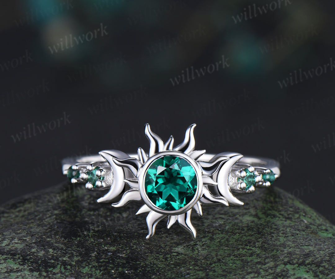 Vintage Round Cut Green Emerald Sun Moon Engagement Ring & Bold Tungsten Crushed Green Stone Men Wedding Band Unique Couple Rings
