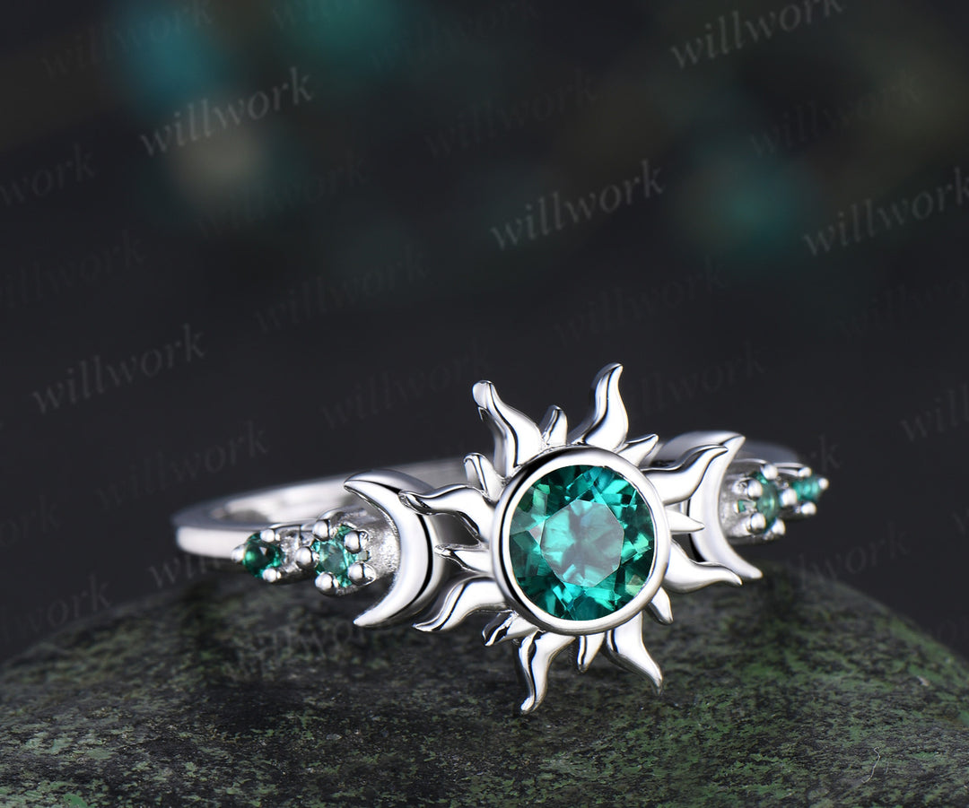 Vintage Round Cut Green Emerald Sun Moon Engagement Ring & Bold Tungsten Crushed Green Stone Men Wedding Band Unique Couple Rings