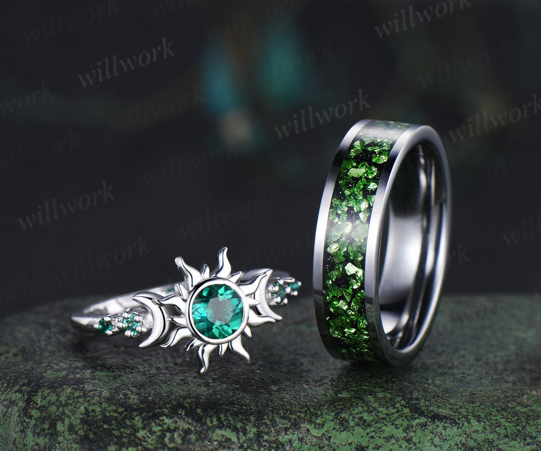 Vintage Round Cut Green Emerald Sun Moon Engagement Ring & Bold Tungsten Crushed Green Stone Men Wedding Band Unique Couple Rings