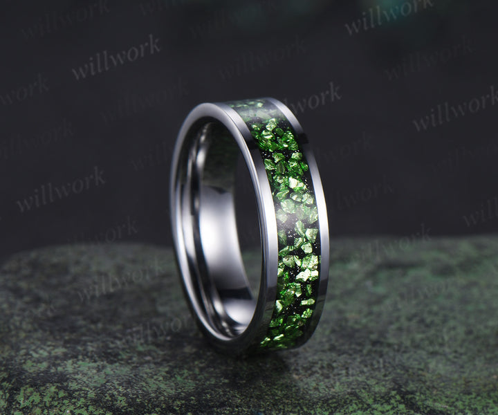 Vintage Round Cut Green Emerald Sun Moon Engagement Ring & Bold Tungsten Crushed Green Stone Men Wedding Band Unique Couple Rings
