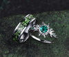 Vintage Round Cut Green Emerald Sun Moon Engagement Ring & Bold Tungsten Crushed Green Stone Men Wedding Band Unique Couple Rings