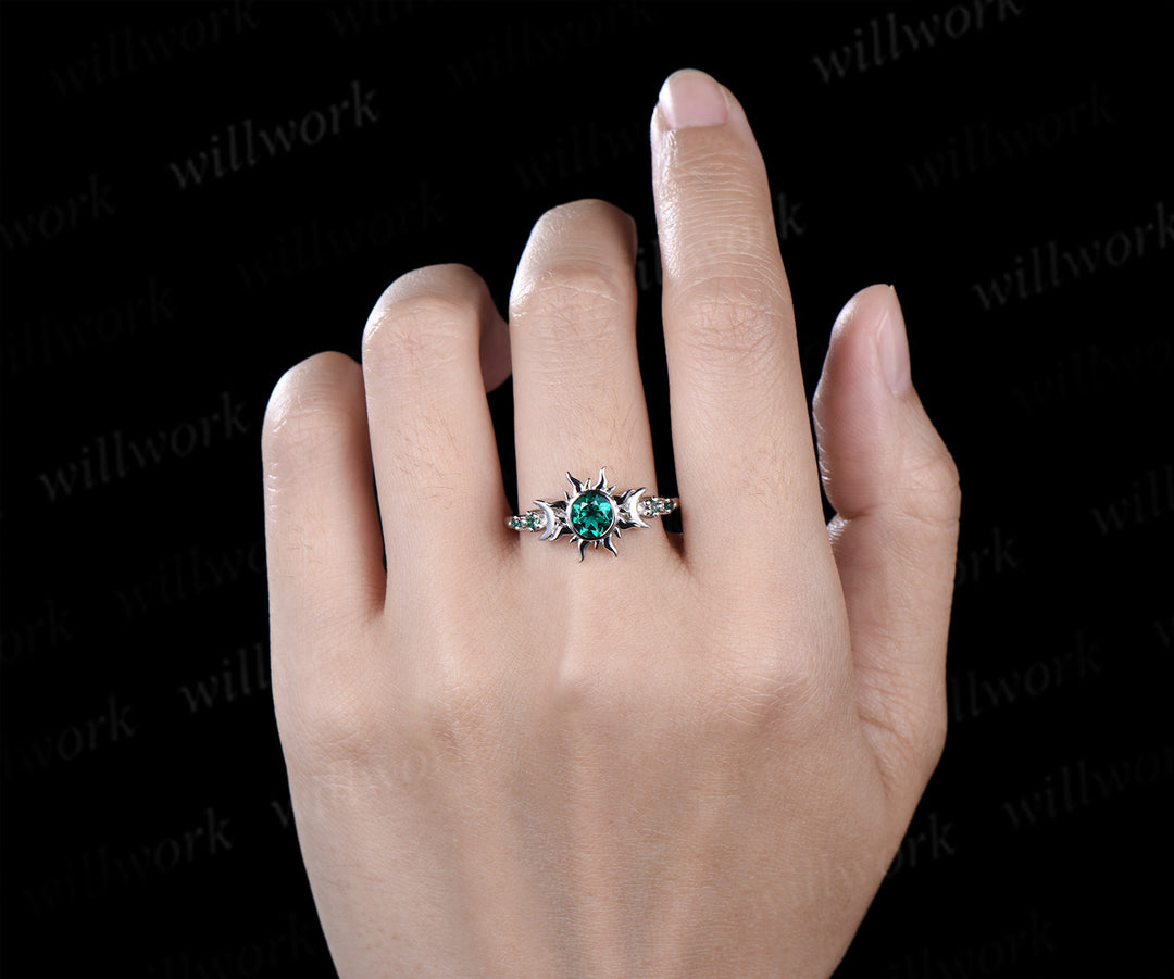 Vintage Round Cut Green Emerald Sun Moon Engagement Ring & Bold Tungsten Crushed Green Stone Men Wedding Band Unique Couple Rings