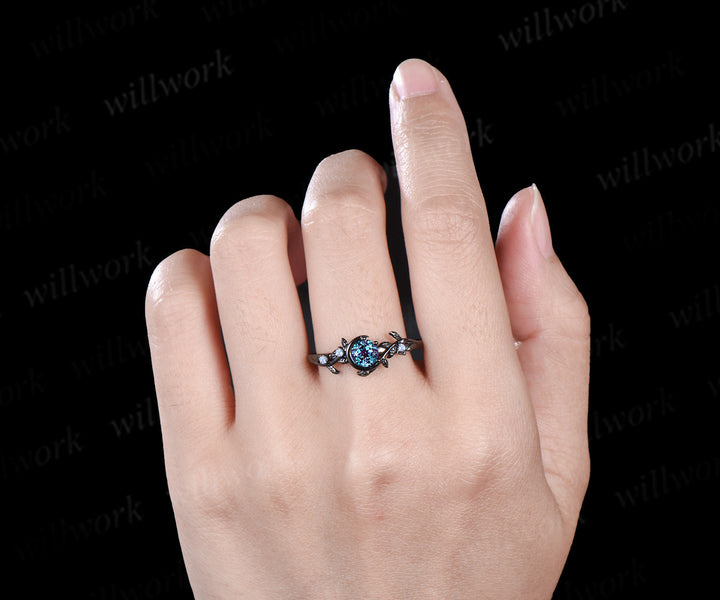 Round cut alexandrite engagement ring moonstone moon star nature inspired ring unique 14k black gold bridal ring June birthtone gifts