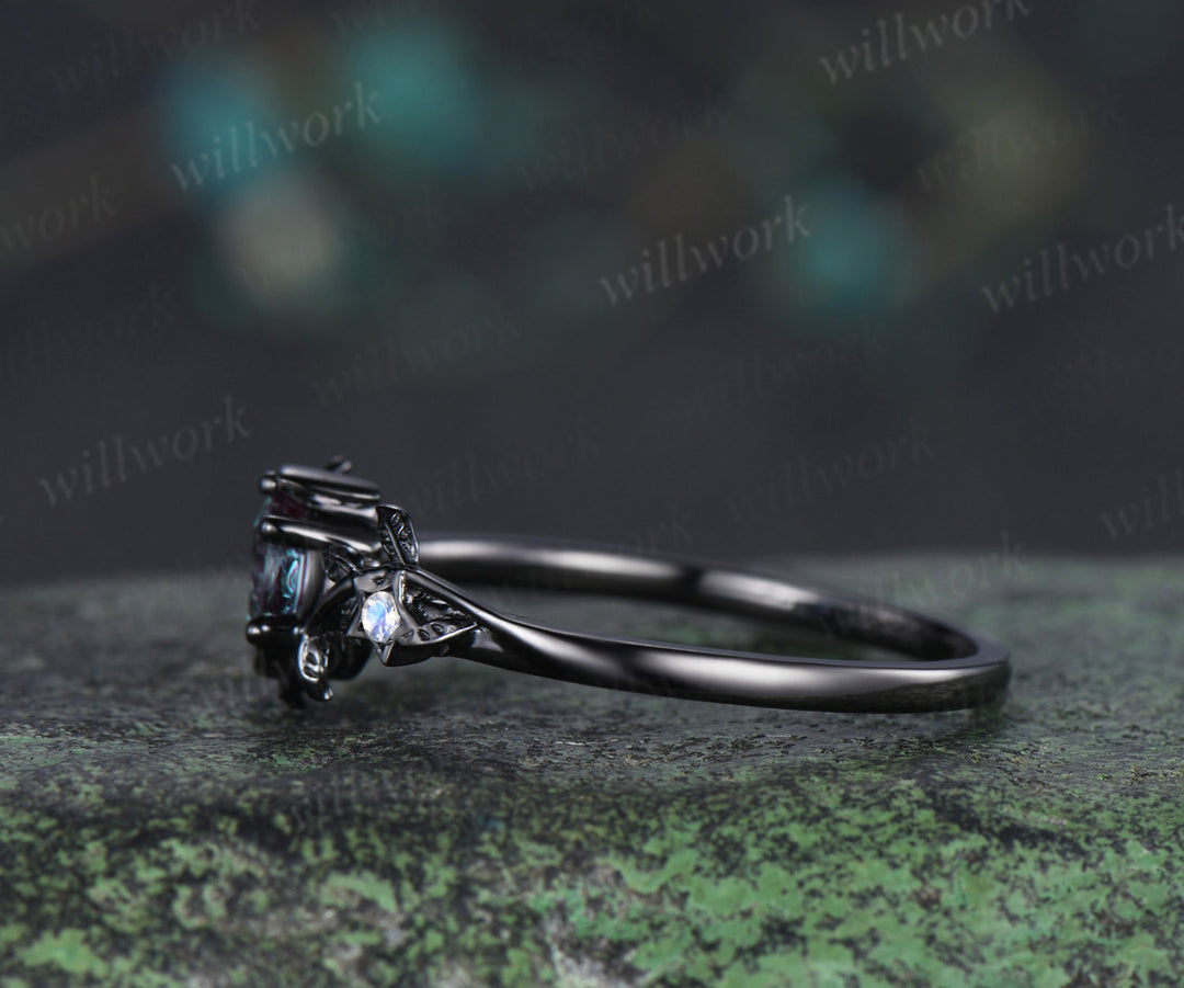 Round cut alexandrite engagement ring moonstone moon star nature inspired ring unique 14k black gold bridal ring June birthtone gifts