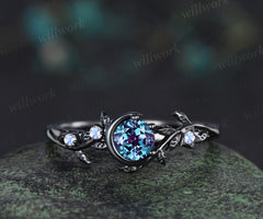 Round cut alexandrite engagement ring moonstone moon star nature inspired ring unique 14k black gold bridal ring June birthtone gifts